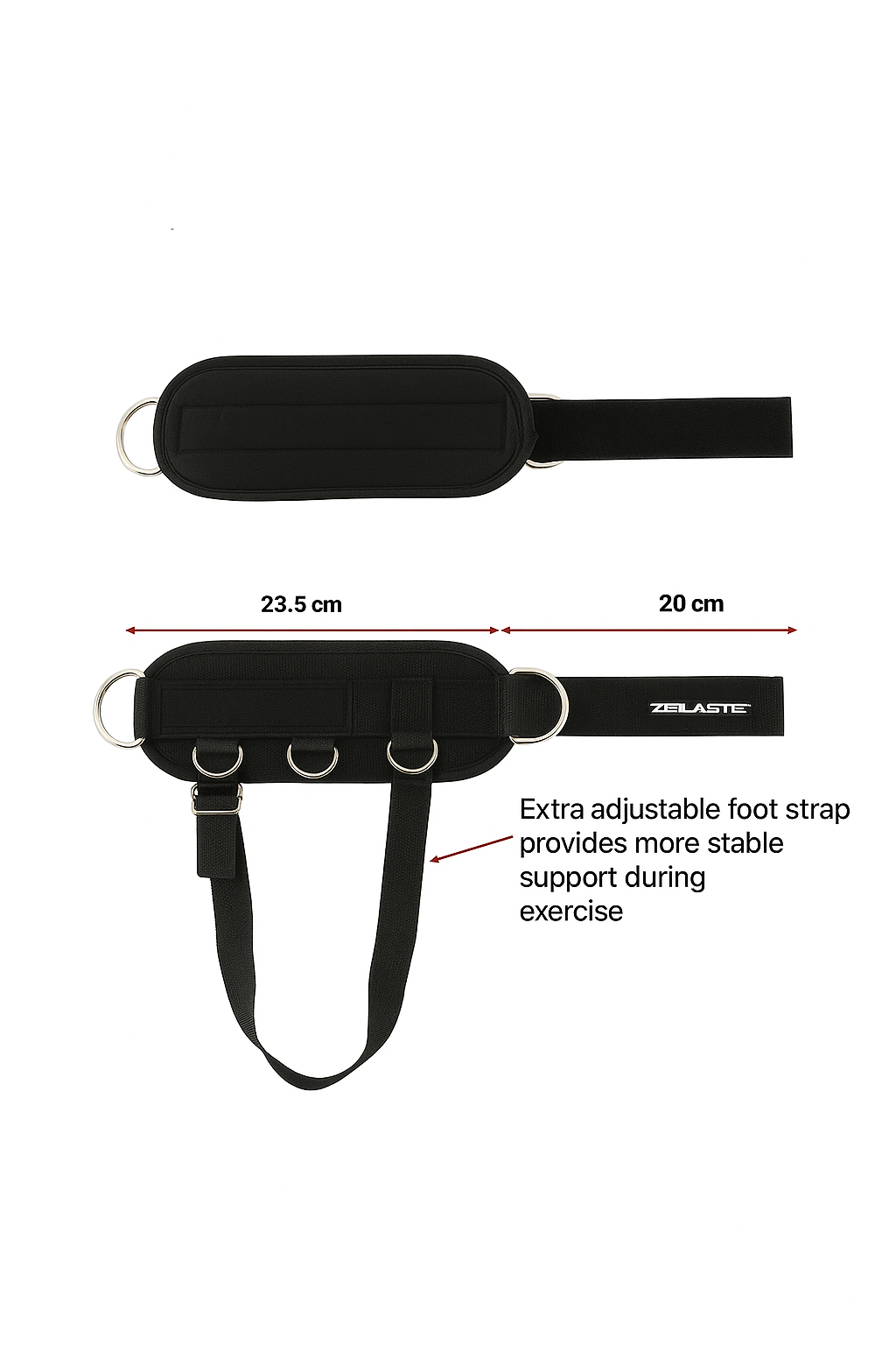 Black adjustable foot strap with dimensions and features on a white background