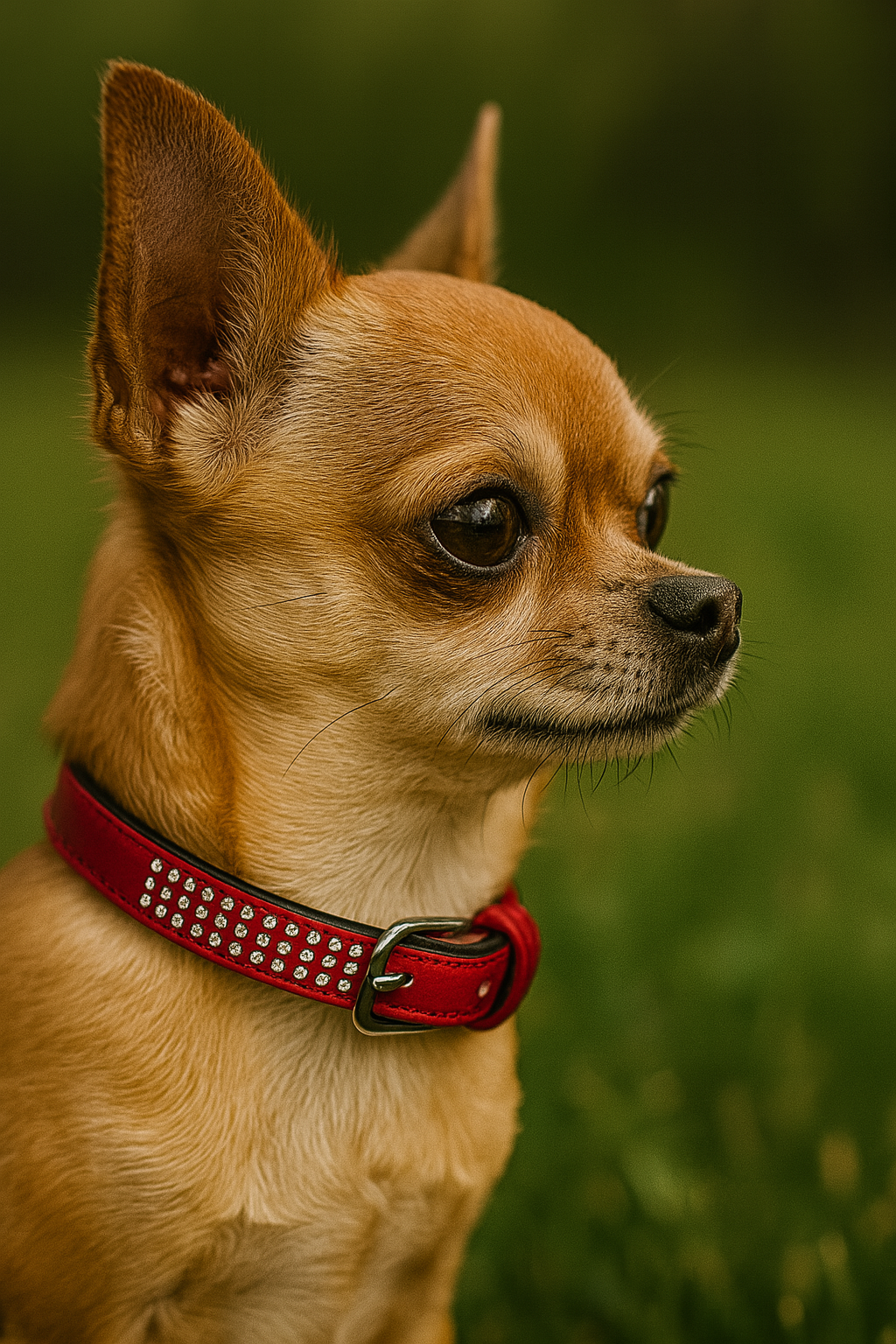 Small dog with a red collar standing in a grassy field