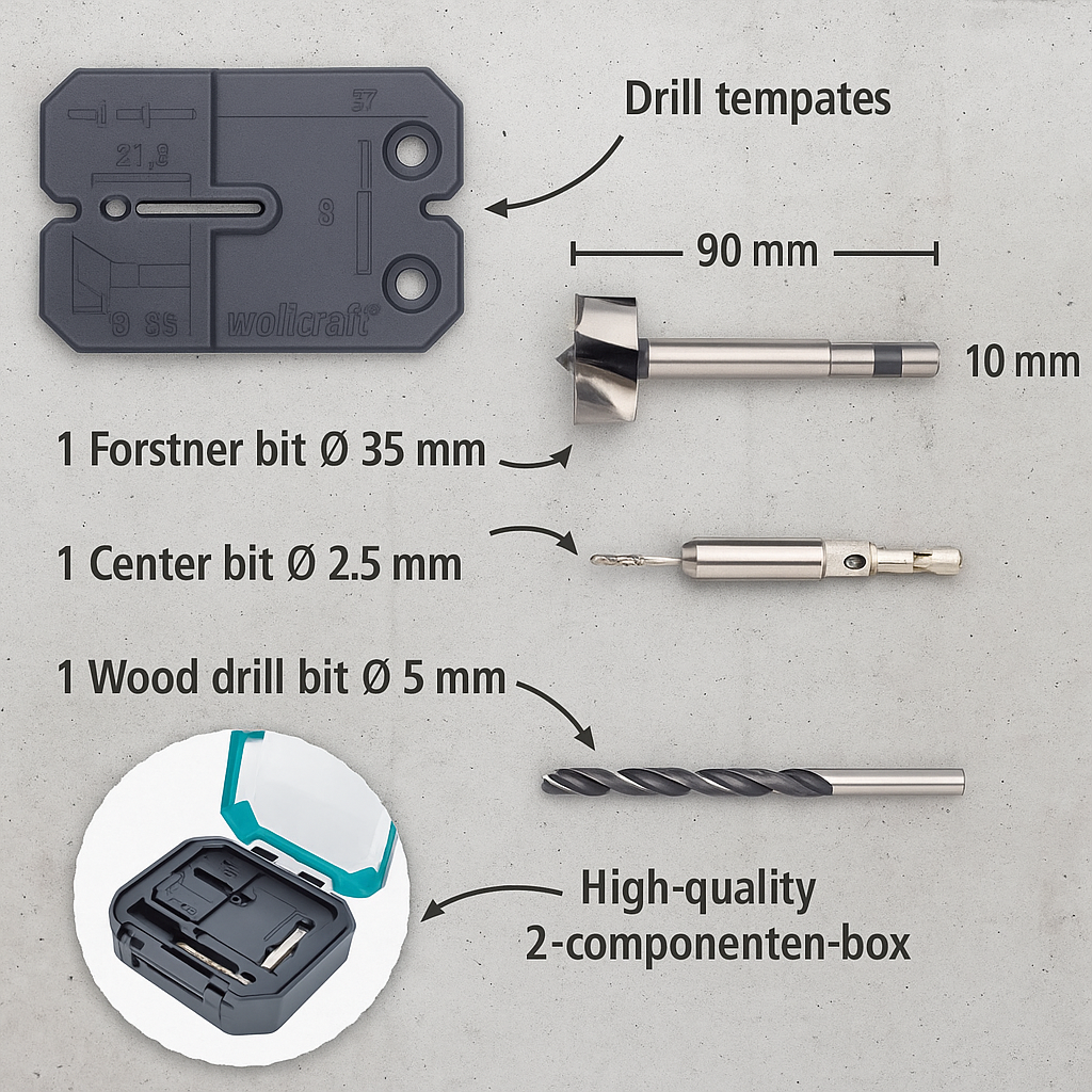Wolfcraft Hinge Hole Set: Precise 35mm Drilling for Easy Pot Hinge Installation