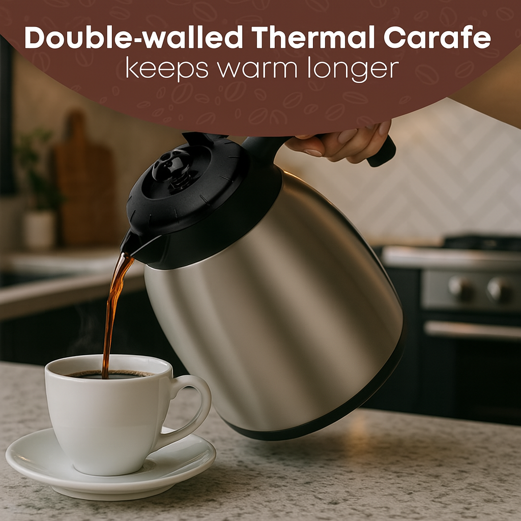Double-walled thermal carafe being used to pour coffee into a white cup on a kitchen counter.