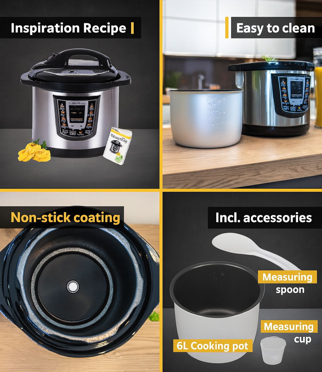Multiview of a pressure cooker with features highlighted on a black background