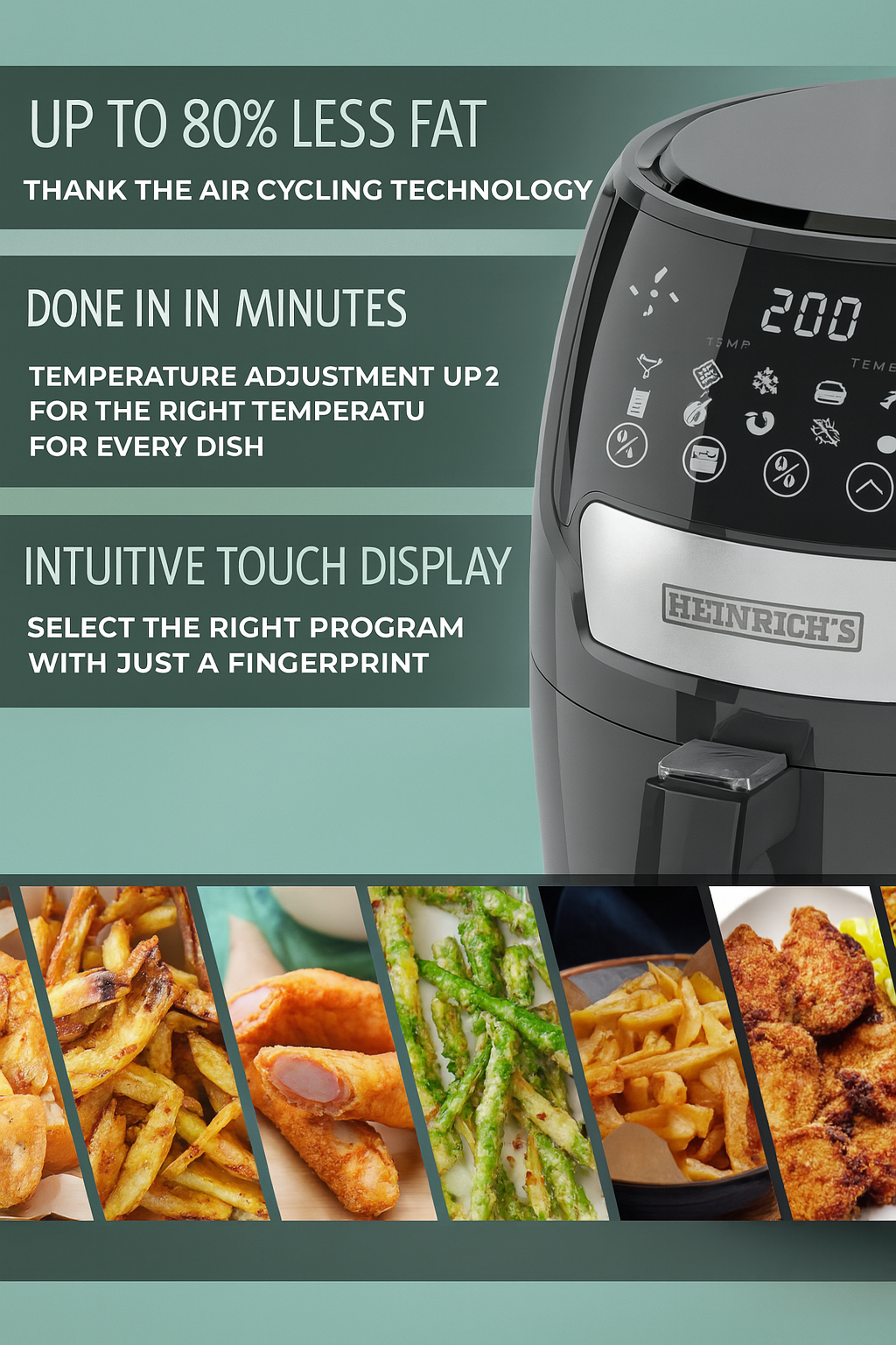 Air fryer with text highlighting features and images of cooked foods.