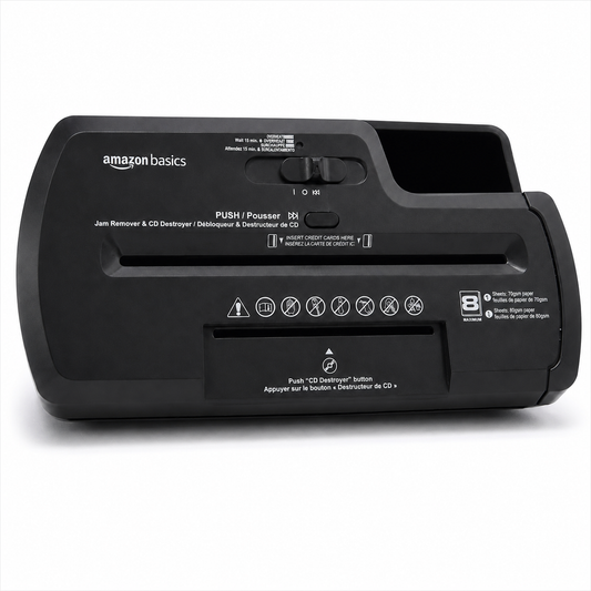 AmazonBasics 8-Sheet Strip-Cut Paper, CD and Credit Card Shredder