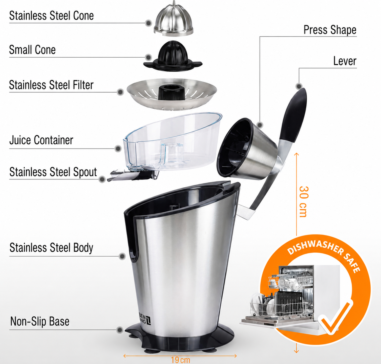LEBENLANG 600W Electric Citrus Juicer Stainless Steel