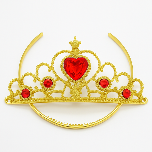 Gold tiara with a red heart and red stones on a white background