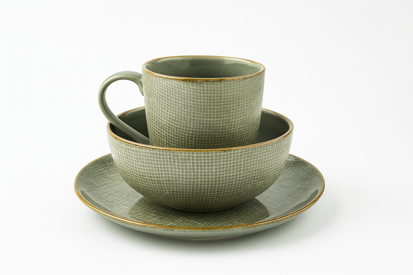 Handcrafted Textured Stoneware Cup & Saucer Set of 12
