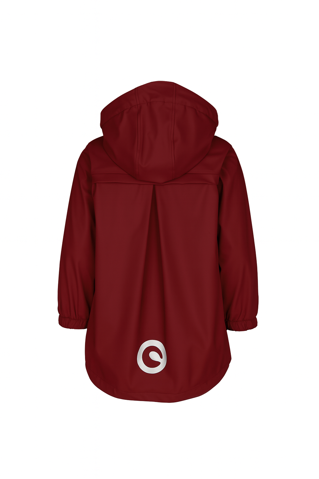 Red raincoat with a logo on the back against a white background