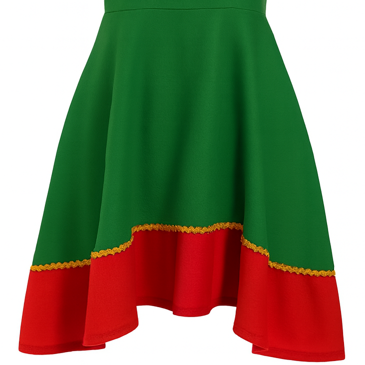 Green dress with red bottom section on a white background