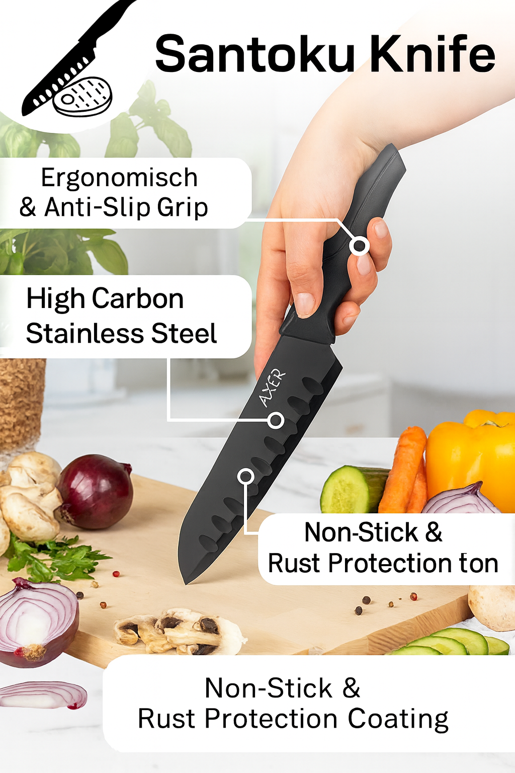 Axer Black Santoku Kitchen Knife with Hollow Edge