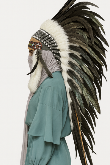 Person wearing a headdress with feathers on a plain background