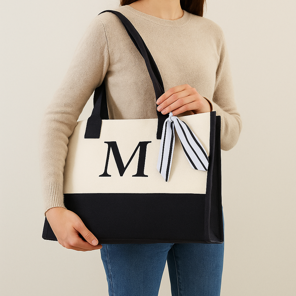 Personalized Monogram Initial Cotton Two-Tone Chic Tote Bag for Women