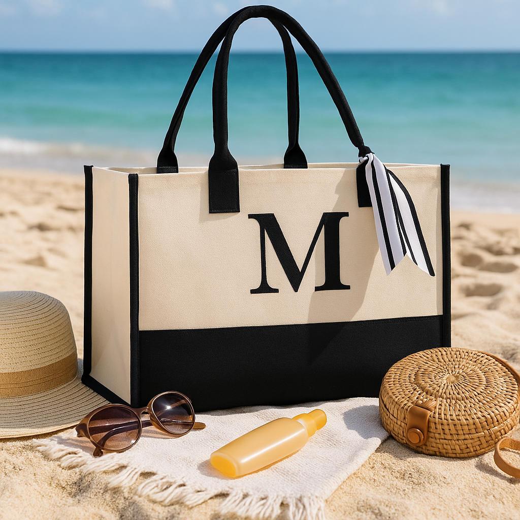 Personalized Monogram Initial Cotton Two-Tone Chic Tote Bag for Women