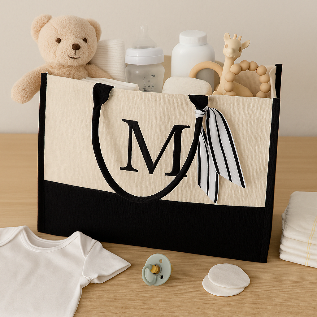 Personalized Monogram Initial Cotton Two-Tone Chic Tote Bag for Women