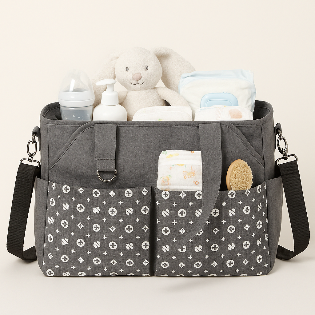Versatile Grey Baby Stroller Travel Bag with Multiple Pockets.