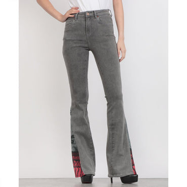 Denny Rose Women's Black High Waist Flare Denim Jeans with Print Detail