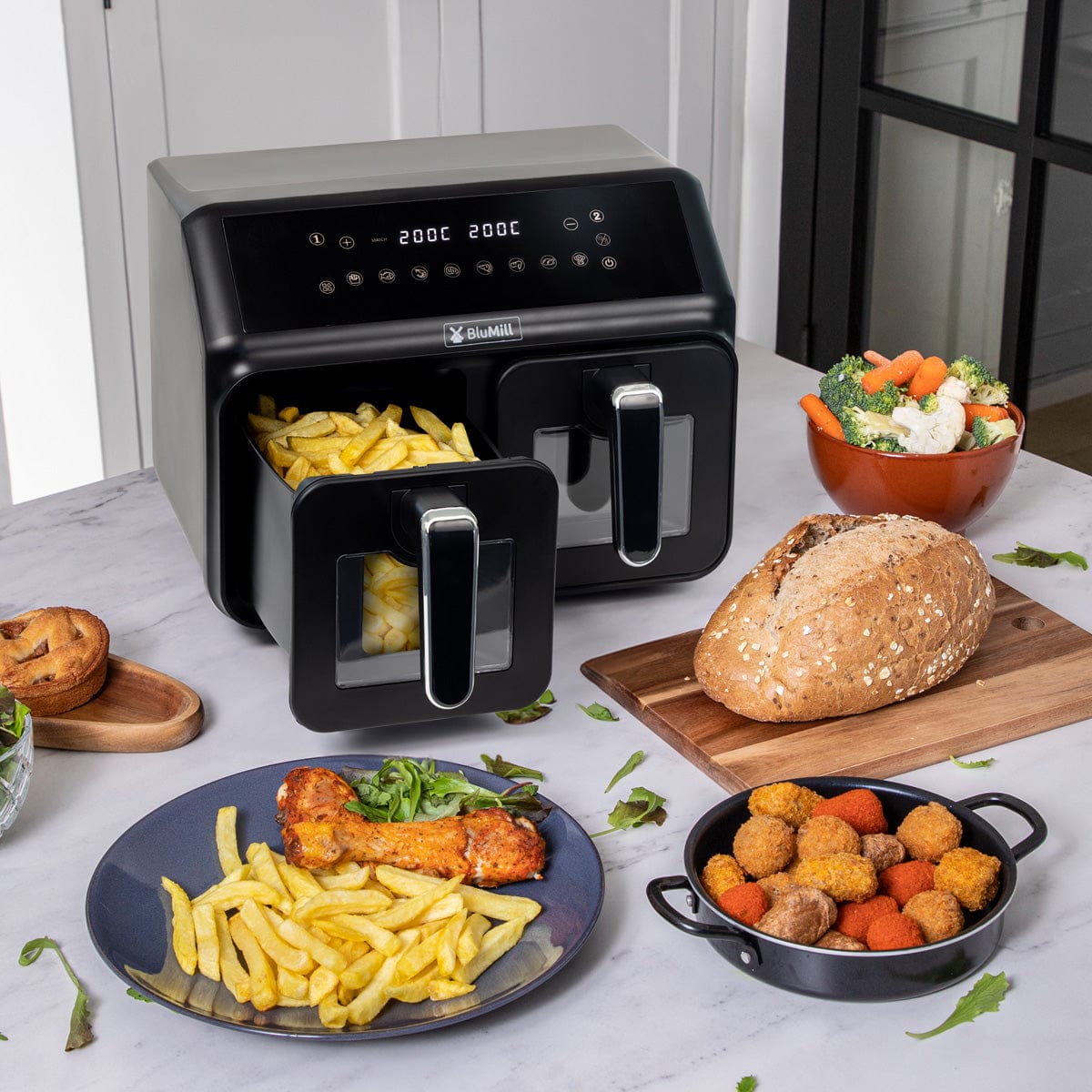 BluMill Dual Basket Air Fryer XXL with Viewing Window, Sync-Finish