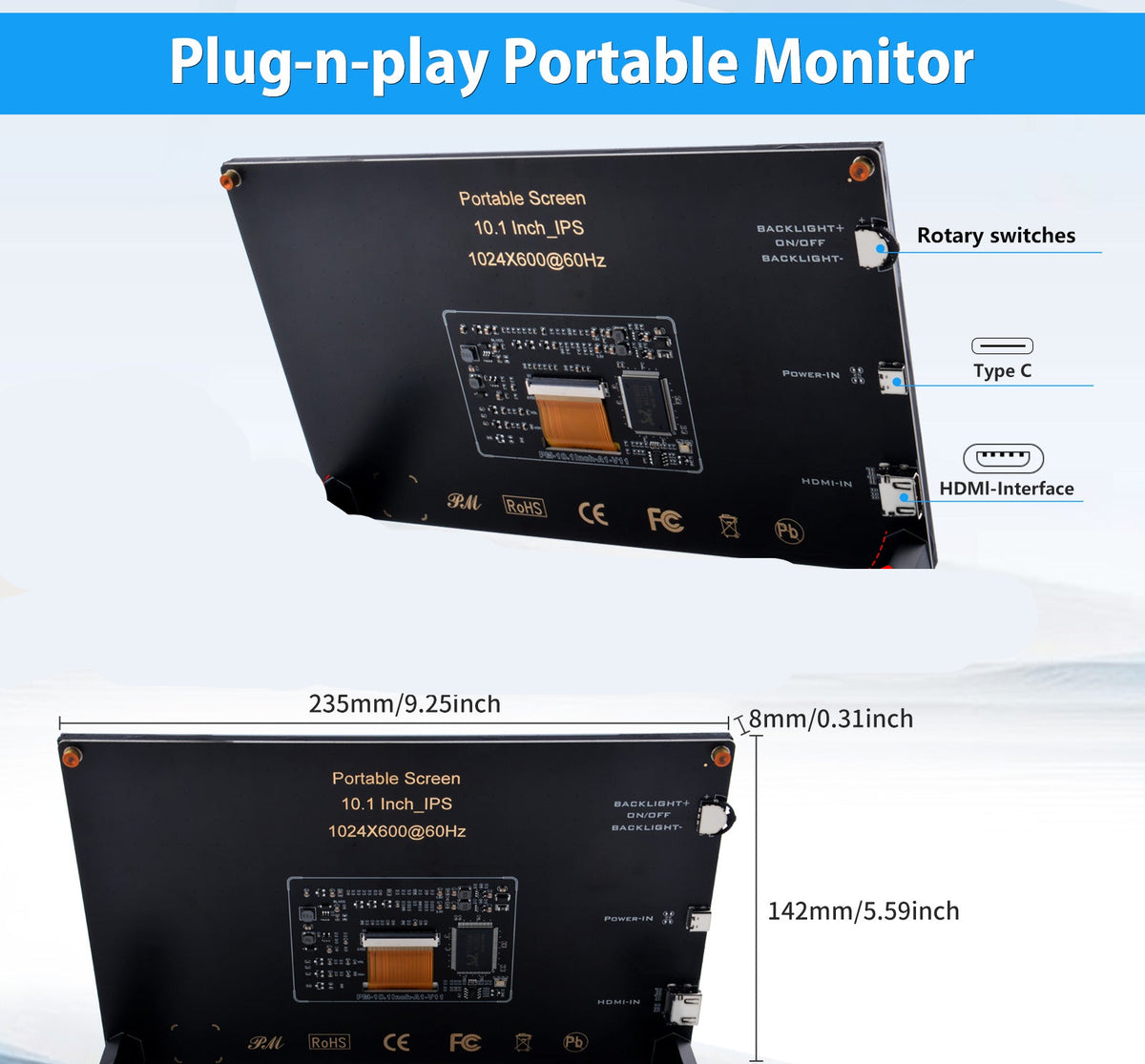 52Pi EP-0183 10.1 Inch IPS Portable Monitor 1024x600 60Hz HDMI USB-C for Raspberry Pi Windows PC