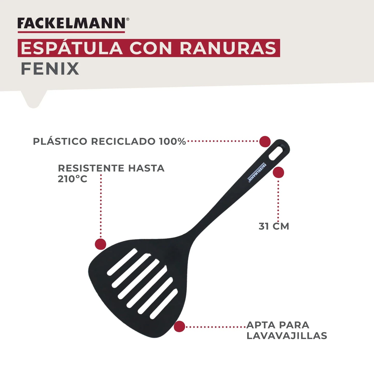 Fackelmann Fenix Slotted Spatula: 100% RPET Recycled Plastic, Heat Resistant 230°C, Non-Scratch, 31cm Black - Gomix Brands Outlet