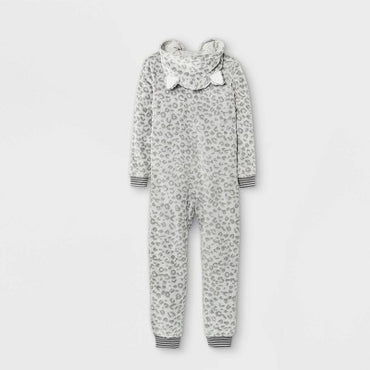 Girls' Leopard Print Hooded Union Suit Pajamas Cat & Jack Cream Gray