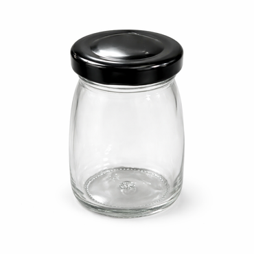 A set of 10 clear glass jars with matching black screw-on lids,