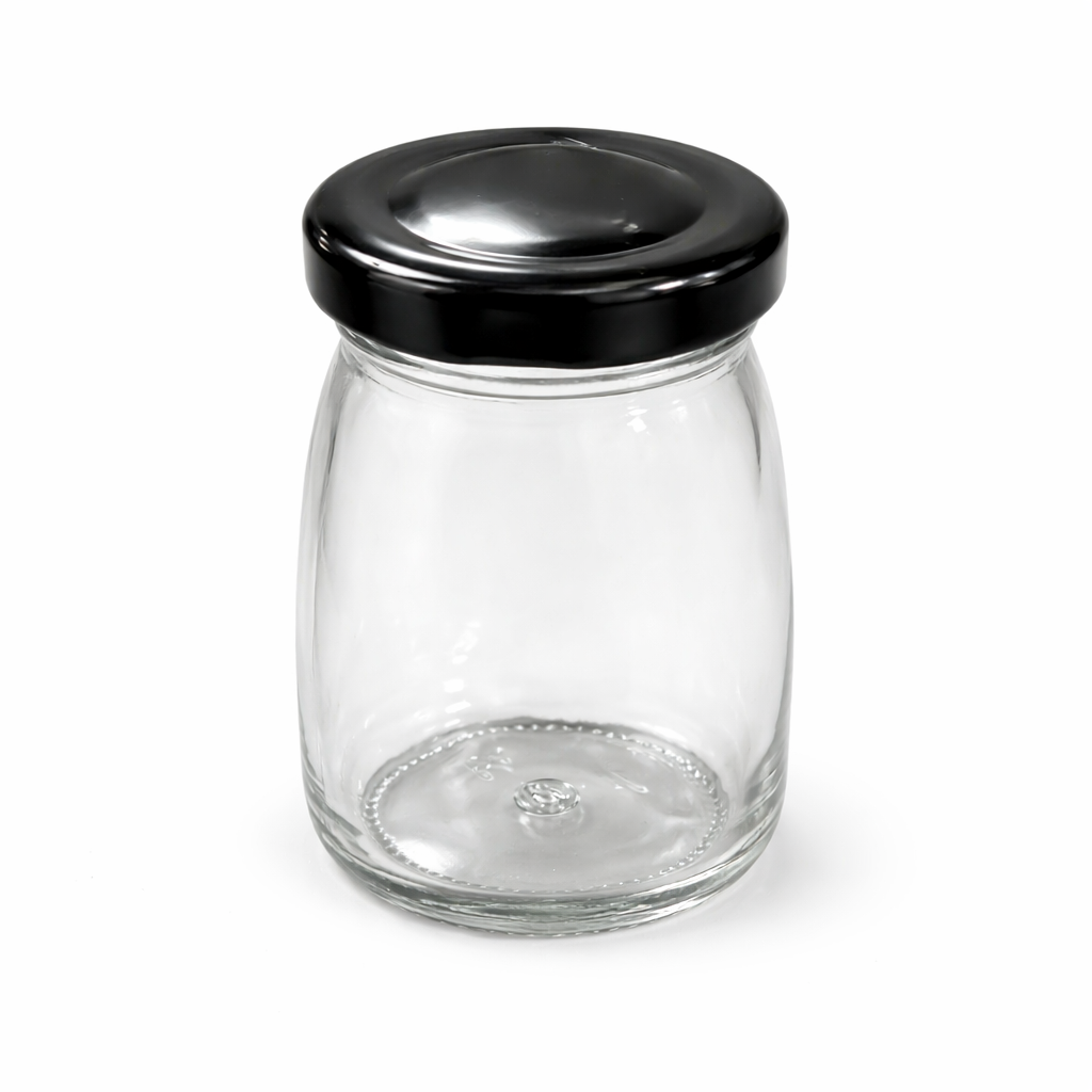 A set of 10 clear glass jars with matching black screw-on lids,