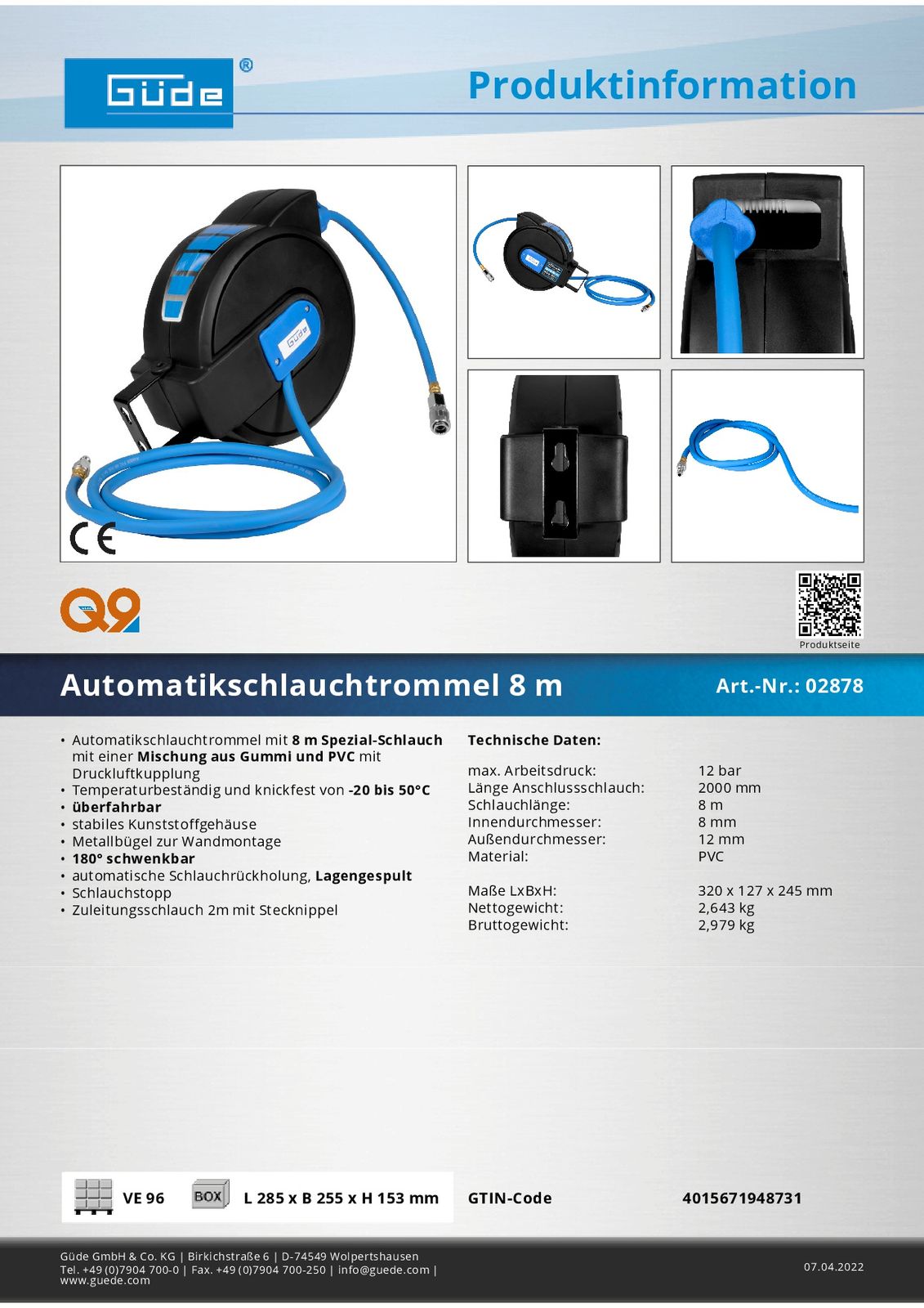 Güde automatic compressed air hose reel, 8m compressed air hose