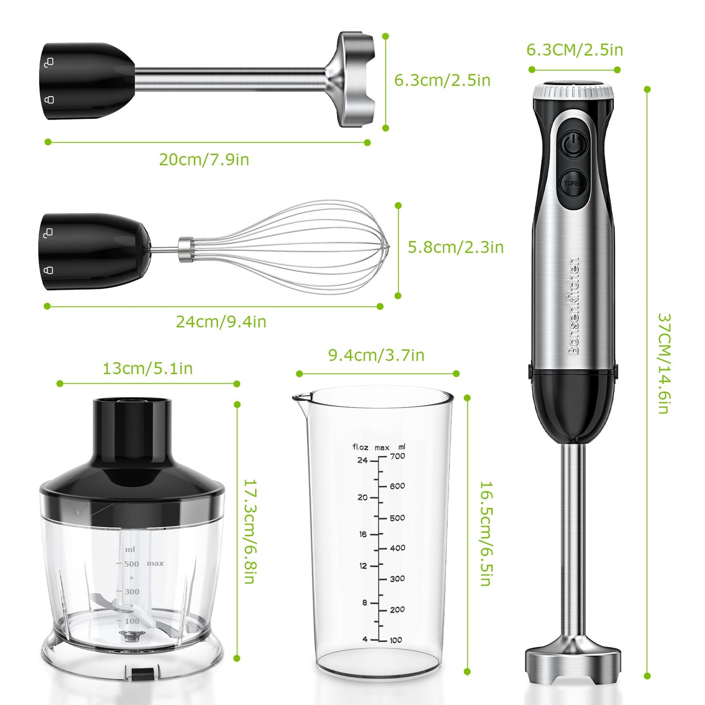 Bonsenkitchen Stainless Steel Immersion Hand Blender 20-Speed Turbo