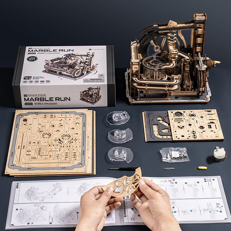 ROKR Motorized Marble Spaceport Run 3D Wooden Puzzle Kit with Gears & Loop
