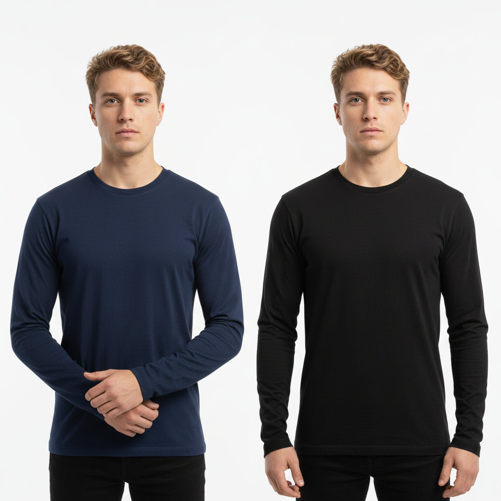Livergy Men's Long‑Sleeve Shirt, 2‑Pack, Cotton, Dark Blue/Black
