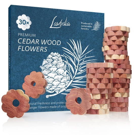 Lavodia Natural Cedar Wood Closet Fresheners for Clothes Hangers - 30 Aromatic Flower Rings