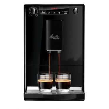 Black Melitta coffee machine dispensing coffee into two glasses on a white background