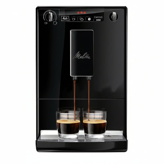 Black Melitta coffee machine dispensing coffee into two glasses on a white background