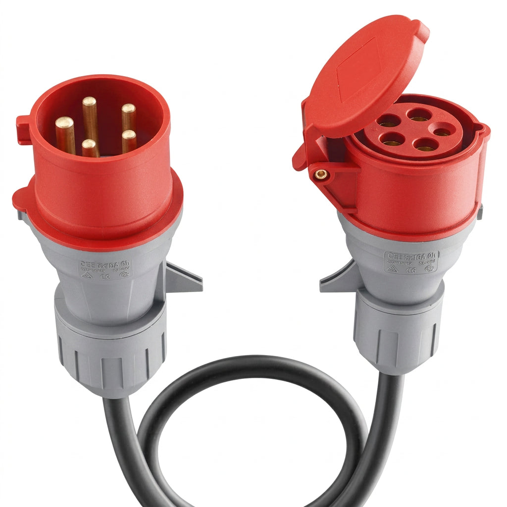 A 3-pin to 5-pin power adapter cable with red and gray plugs and a black cord, shown on a white background.