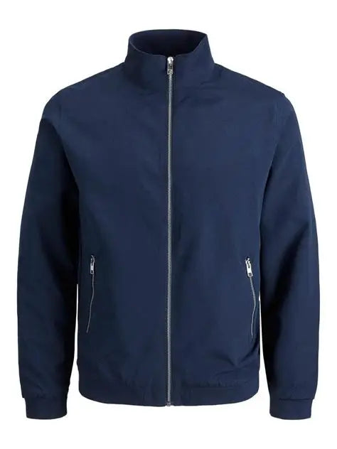 Navy blue jacket with zippers on a white background