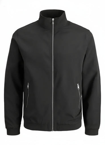 Navy blue jacket with zippers on a white background