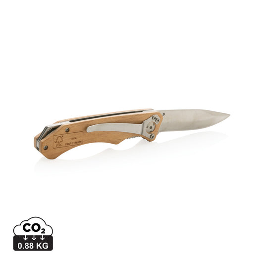 Durable FSC Wooden Outdoor Knife Stainless Steel Blade with Keyring and Clip