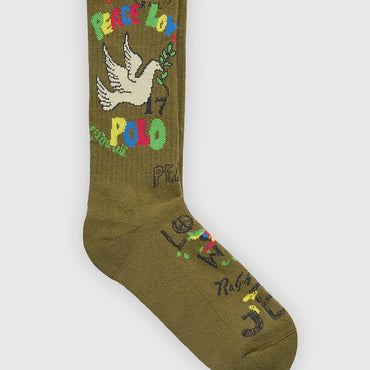 Polo Ralph Lauren Peace & Love Embroidered Green Crew Socks - Stylish Everyday Comfort