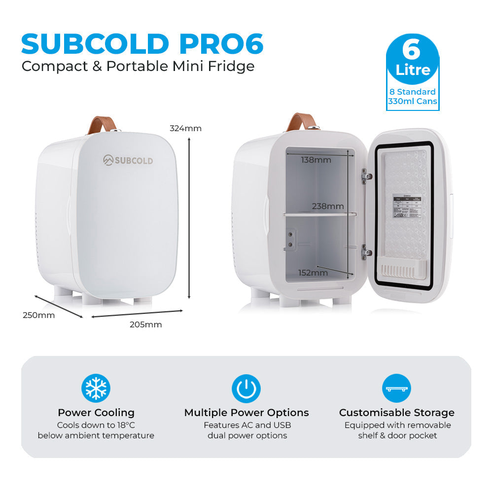 Subcold Pro6 6L Mini Fridge – Portable White Cooler with USB Power