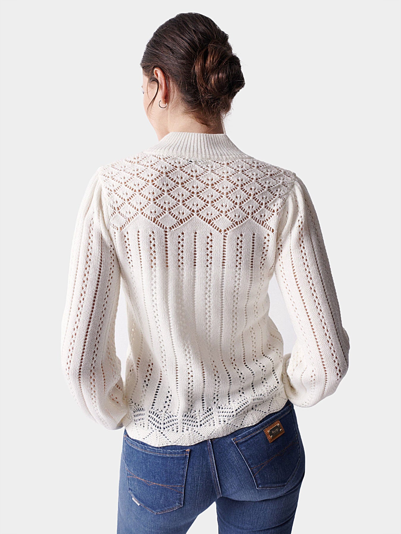 Salsa Women's White Openwork Knit Sweater – Elegant Long Sleeve Pullover Top