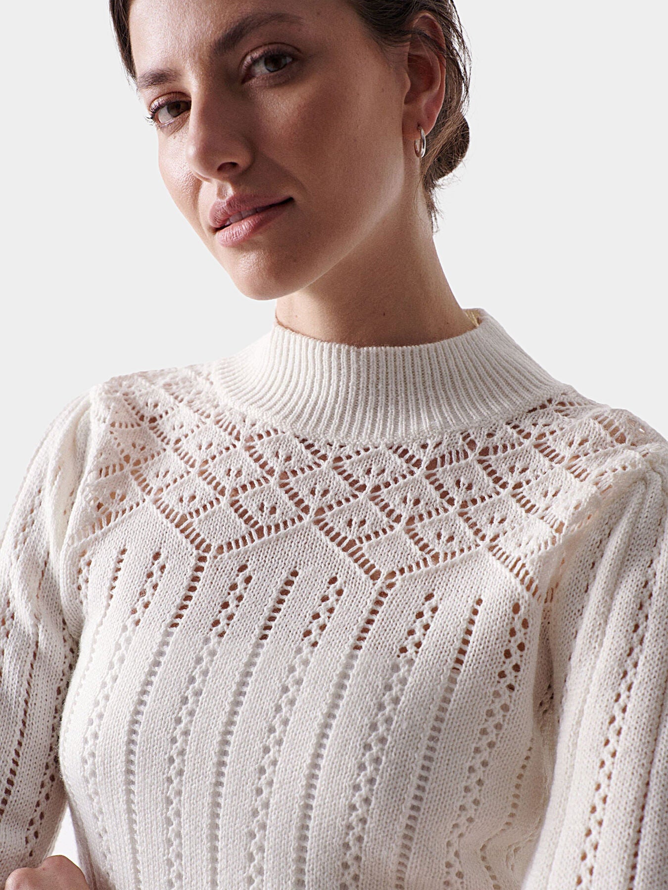 Salsa Women's White Openwork Knit Sweater – Elegant Long Sleeve Pullover Top