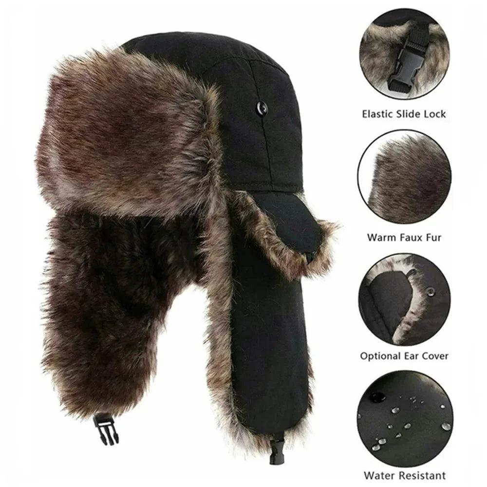 Unisex Warm Trapper Aviator Bomber Hat with Faux Fur