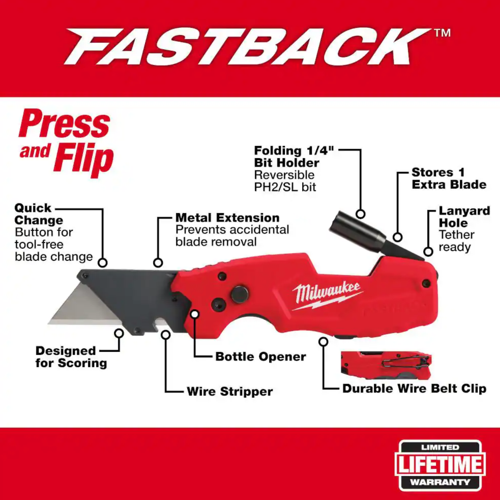 Milwaukee FASTBACK 6-in-1 Folding Utility Knife with Wire Stripper & Screwdriver