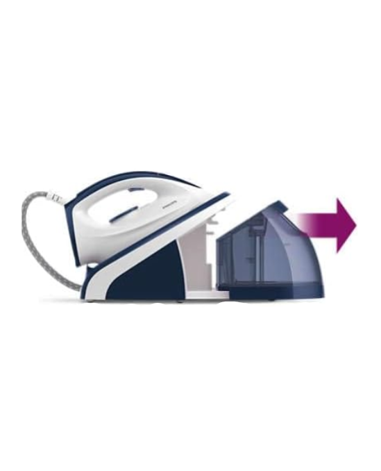 White and blue iron with a purple arrow pointing to it on a white background