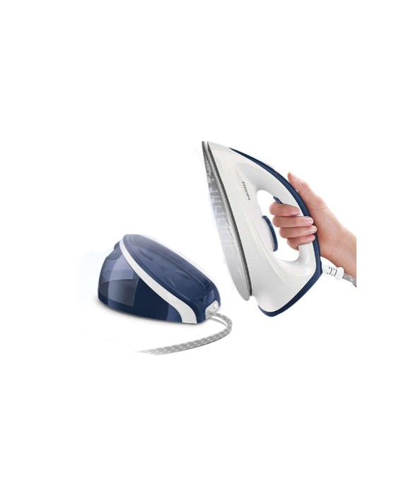 Hand holding a white and blue iron with a matching steam generator on a light gray background