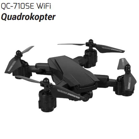 Black drone with propellers on a white background, featuring text and branding.