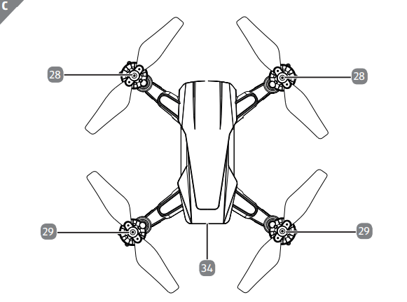 Technical diagram of a drone with labeled propellers on a white background