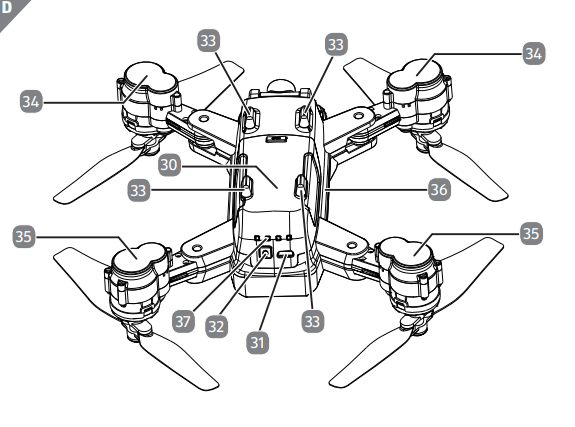 Technical diagram of a drone with labeled parts on a white background