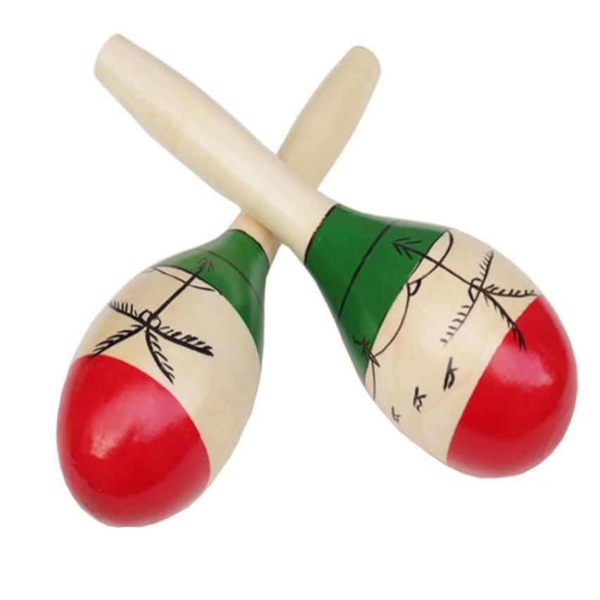 Pair of wooden maracas with red and green design on a white background