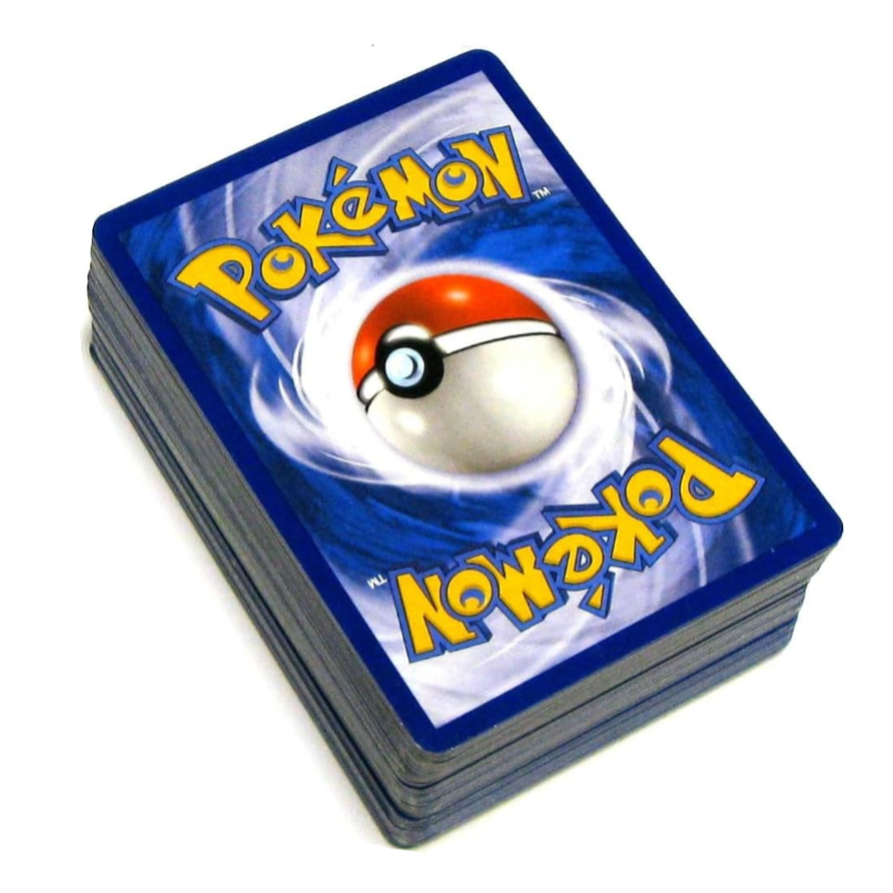Stack of Pokémon trading cards with a prominent Poké Ball design on a blue background.