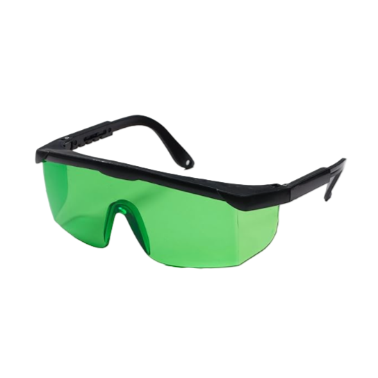 Green safety goggles with black frames on a white background
